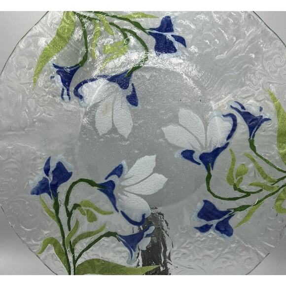 Platter Bowl Glass Japanese Iris Star Flowers Serving Dish Painted Scalloped 12" - Picture 6 of 10